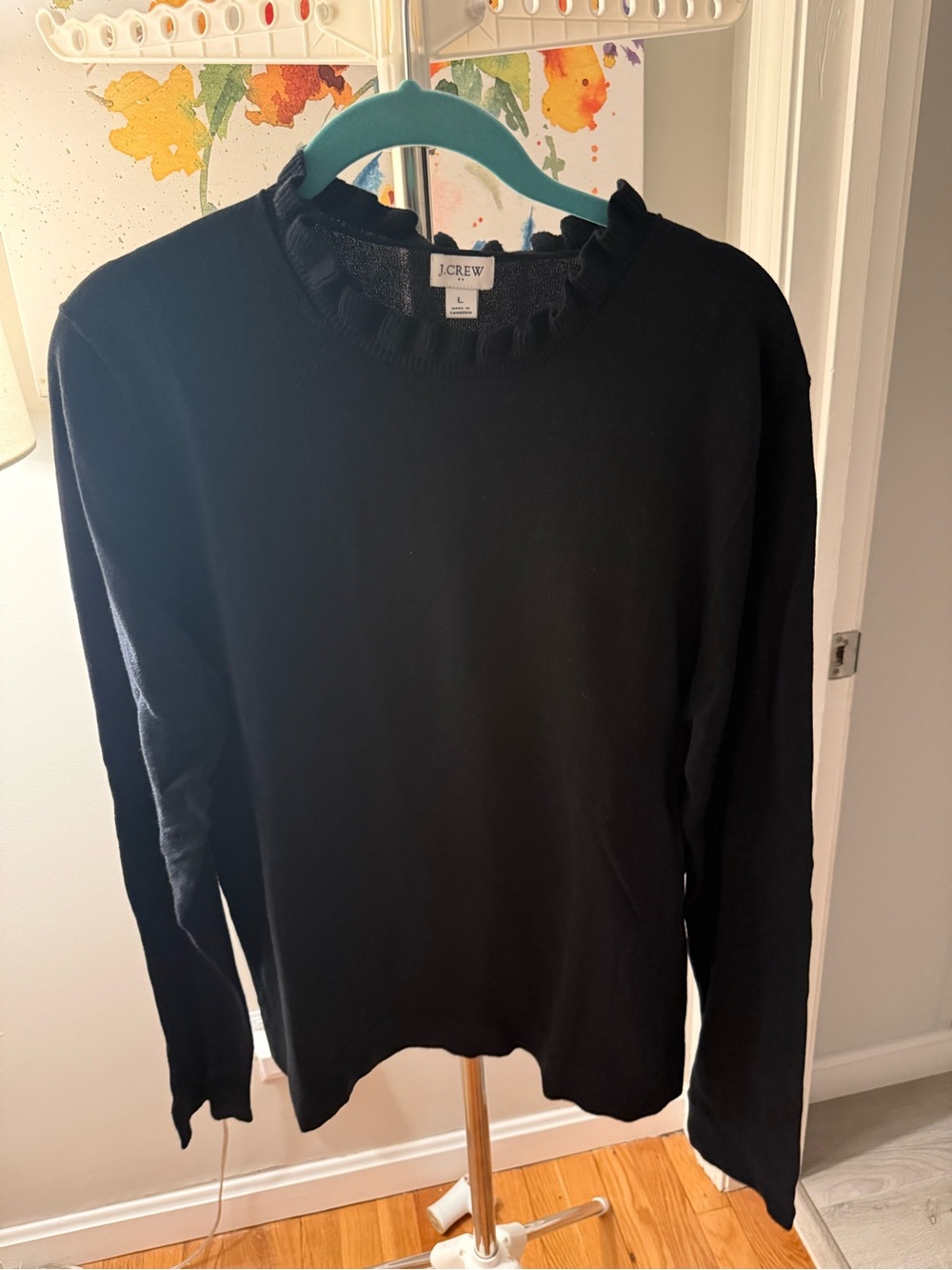J. Crew Black Ruffle Trim Crewneck Sweater
